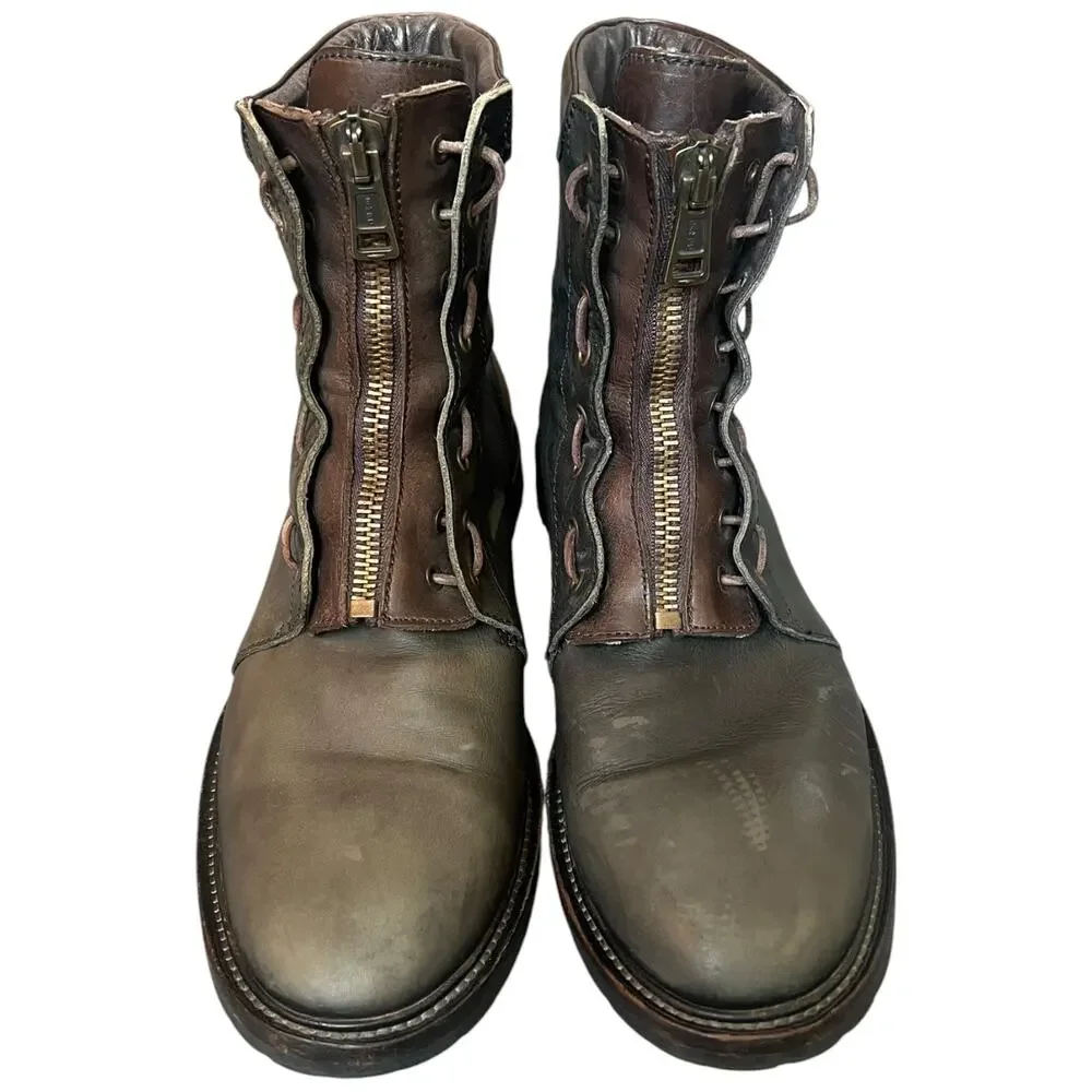 AllSaints Leather Front Zip Military Boots Lampo Distressed EU 46 US 13